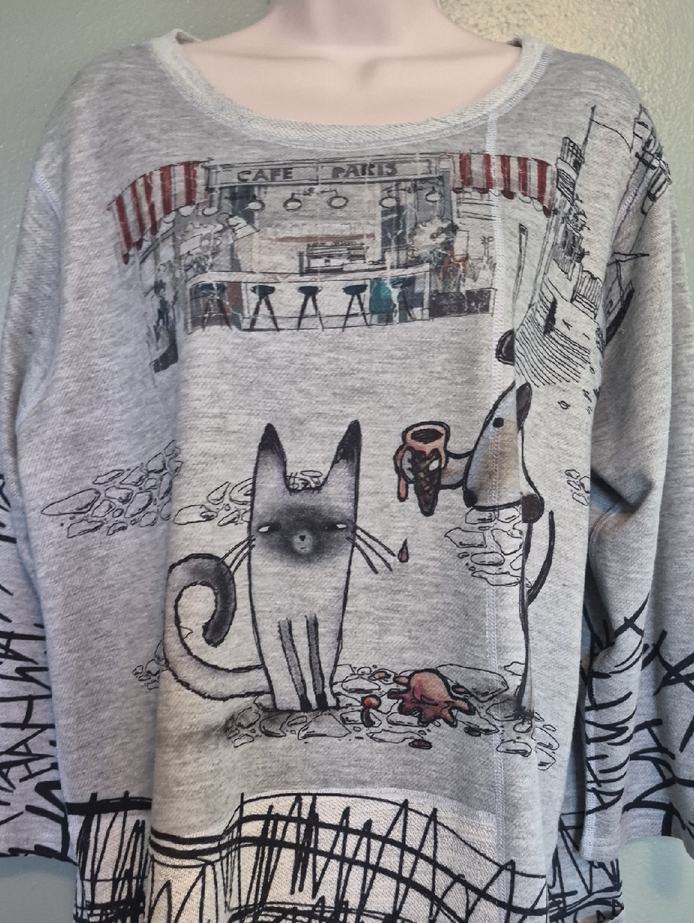 Inoah Cafe Paris Cat & Dog Shirt XL 3/4 Sleeve Gray - Picture 2 of 6